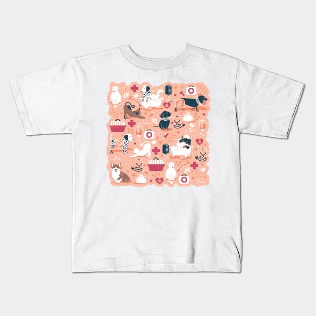 Veterinary medicine, happy and healthy friends // coral background red details navy blue white and brown cats dogs and other animals Kids T-Shirt by SelmaCardoso